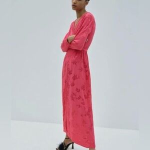 Zara Floral Jacquard Satin Maxi Dress Pink Long Sleeve Large